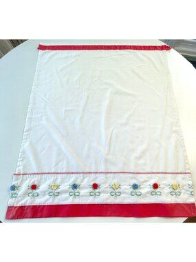 Vintage 70s curtain, embroidered red, yellow, blue flowers with pom poms